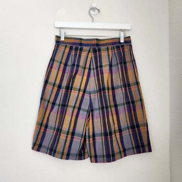 Vintage GAP 90s High Waisted Plaid Pleated Shorts Muted Yellow Green Blue 2 - Picture 11 of 13
